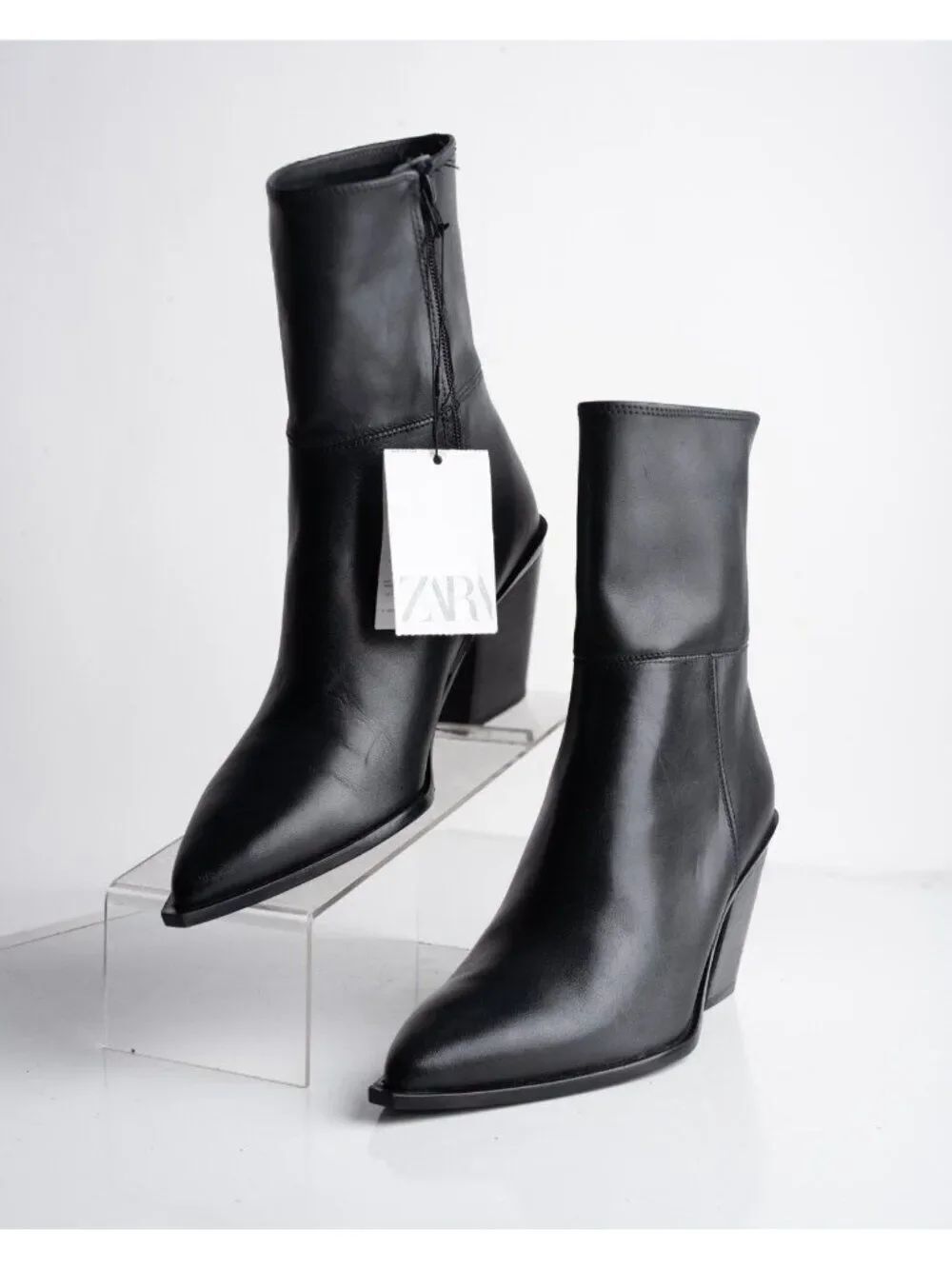 Zara Womens Leather Heeled Ankle Boots Black Sz US 8 EU 39 NWT 2103/410